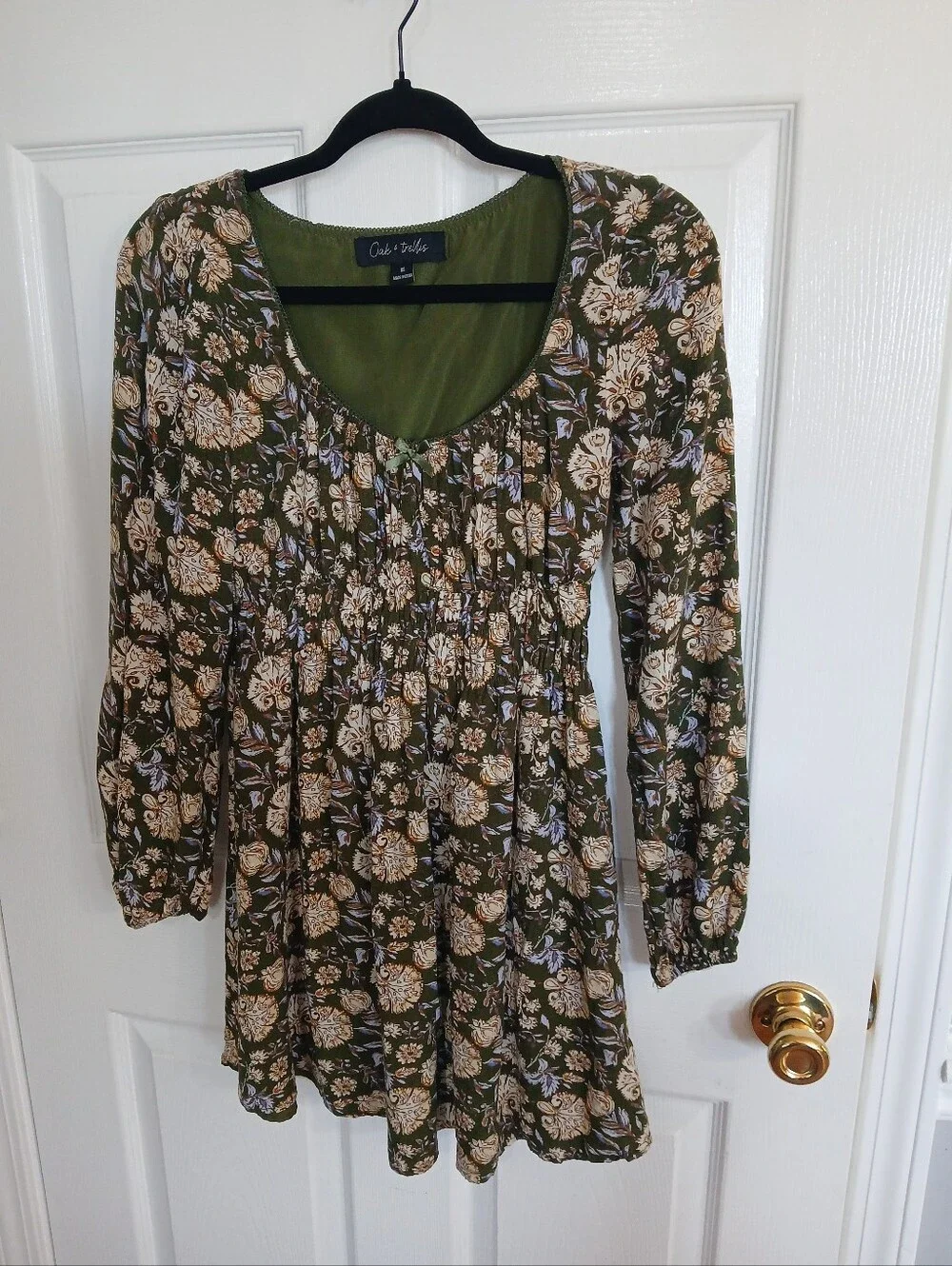Oak Trellis Floral Green Long Sleeve Mini Dress Babydoll Smocked Waist Boho